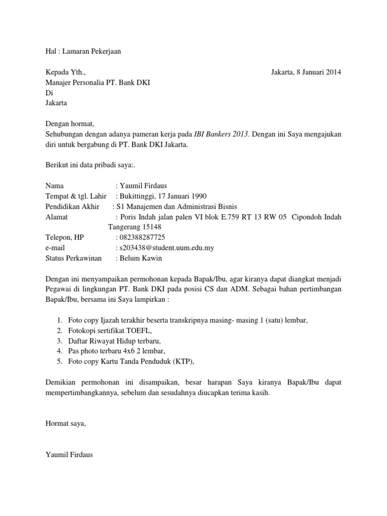 Surat Lamaran Pt Bank Dki