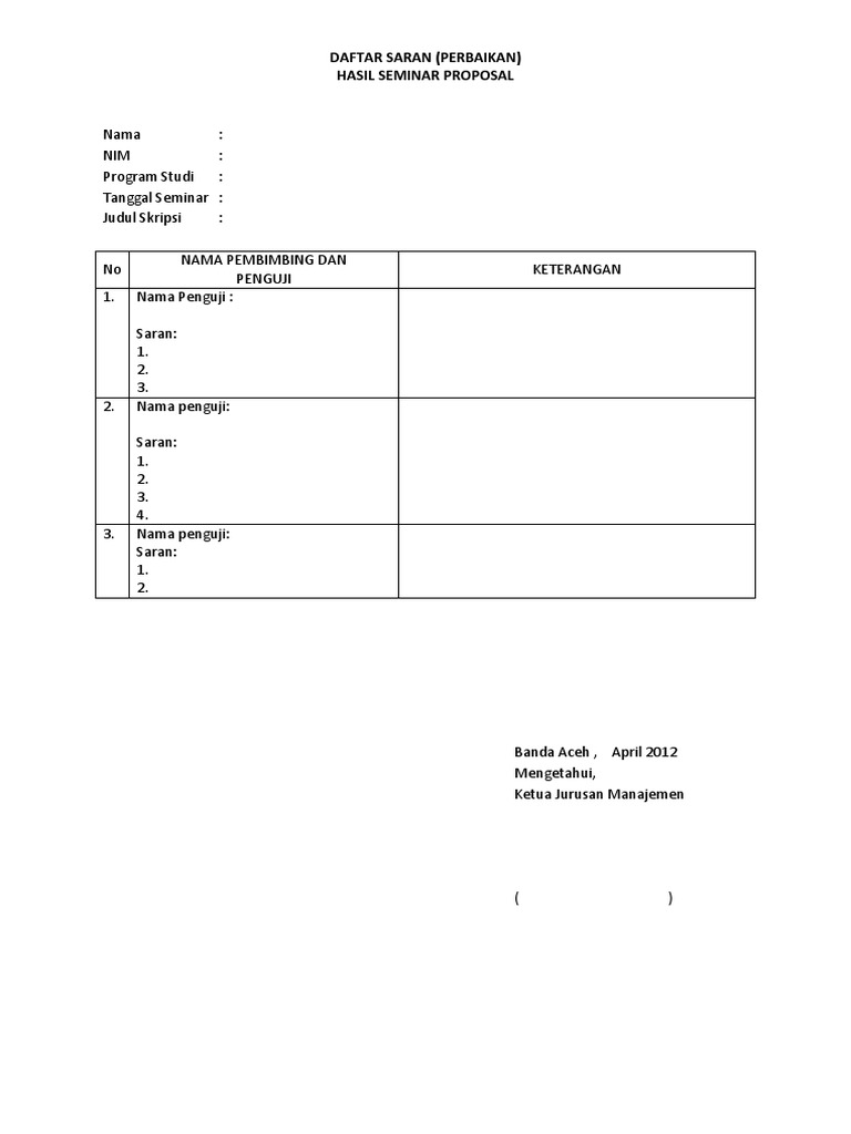 Contoh Daftar Saran (Perbaikan) Hasil Seminar Proposal | PDF