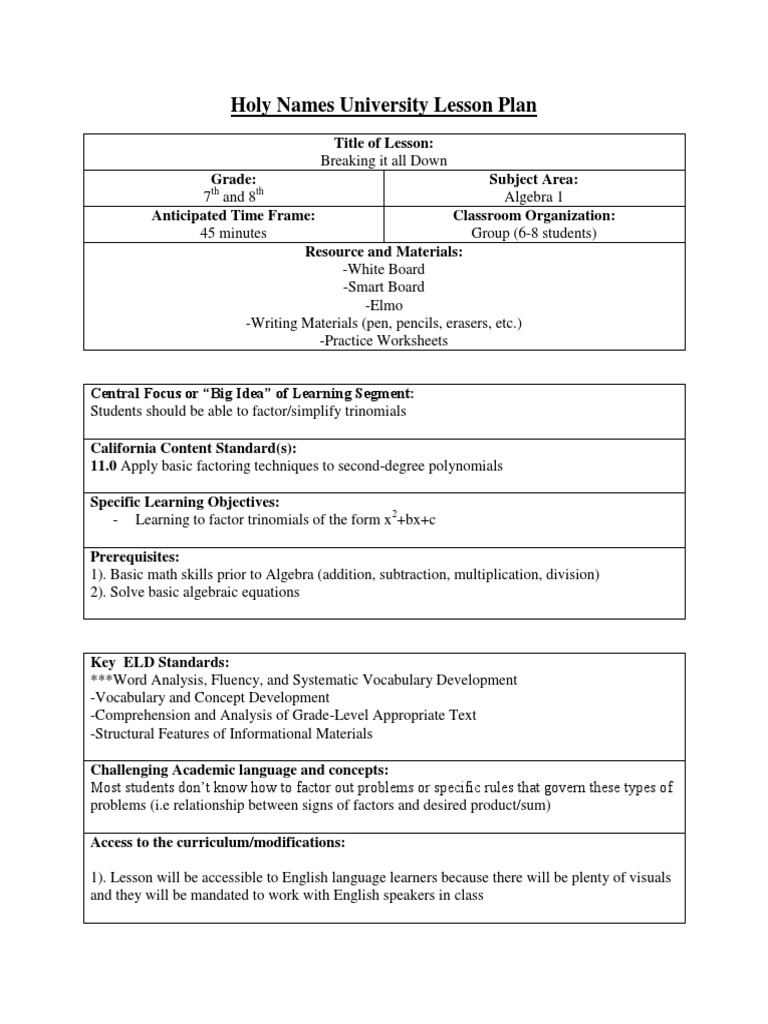 Holy Names University Lesson Plan PDF Homework Lesson Plan