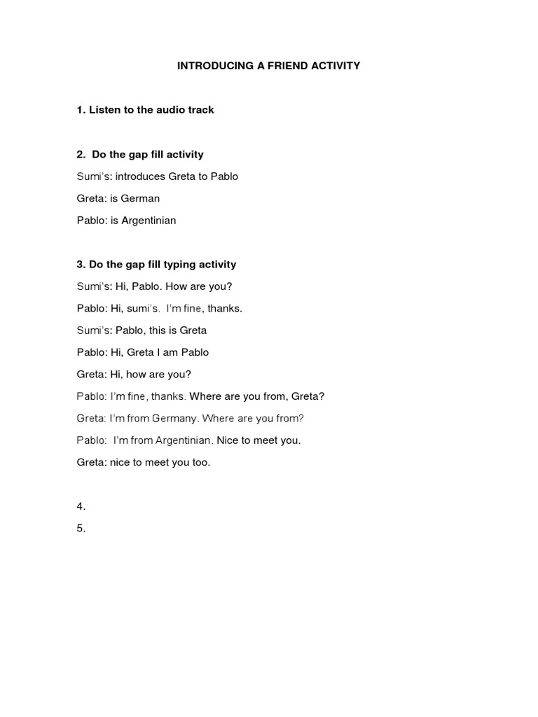 Friend Introduction Activity Guide | PDF | Language Arts & Discipline ...