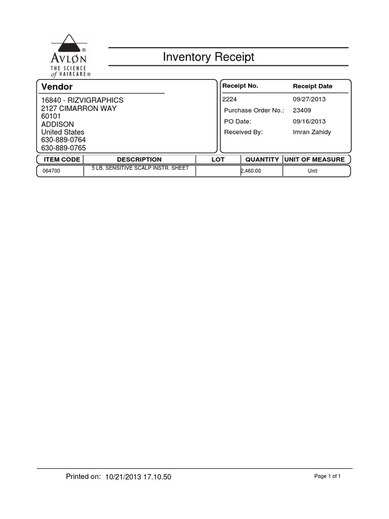 Inventory Receipt for Sensitive Scalp Items | PDF | Finance & Money ...