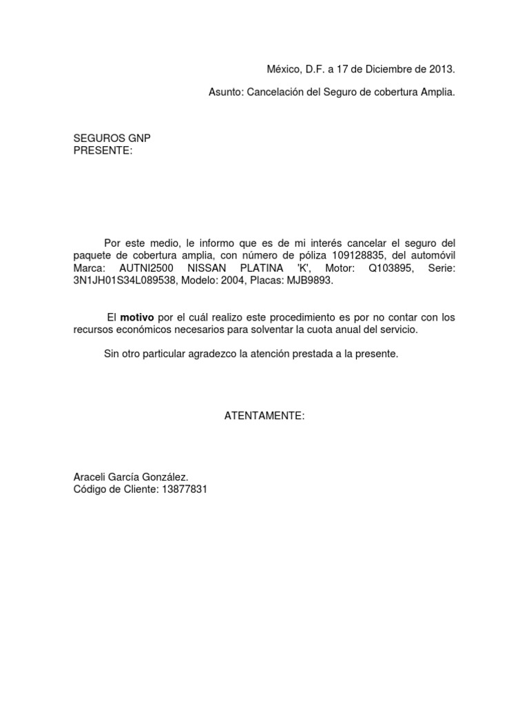 Carta de Cancelacion Seguros Gnp 2013