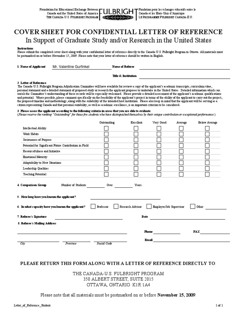 Fulbright Letter Of Reference Sfulltudent Graduate School Academia