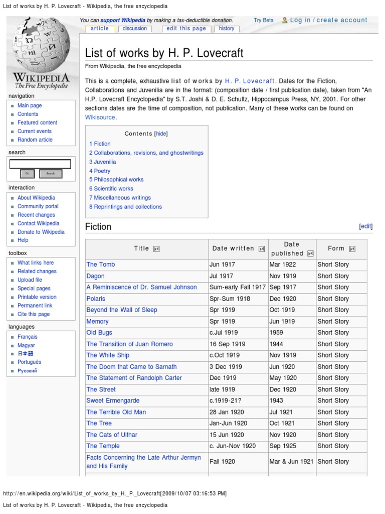 List of Works by H. P. Lovecraft | PDF | H. P. Lovecraft | Wikipedia