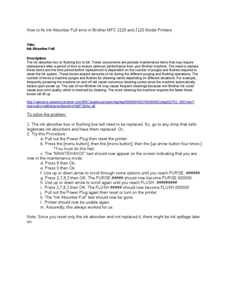 ink absorber full brother printer