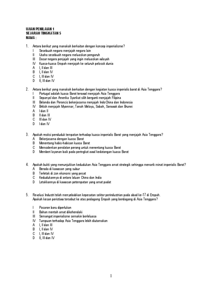Ujian Penilaian 1 Sejarah Tingkatan 5 Pdf