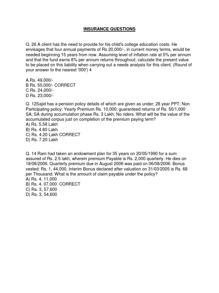 Insurance Calculations and Scenarios | PDF