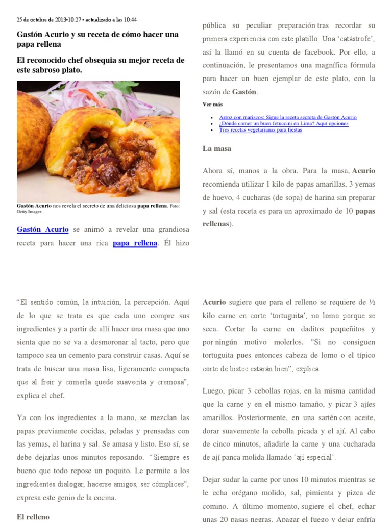 Gastón Acurio y Su Receta de Cómo Hacer Una Papa Rellena | PDF | Relleno |  Carne