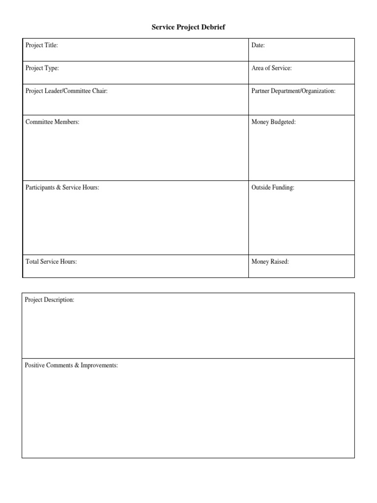 Service Project Debrief Template  PDF Inside Debriefing Report Template