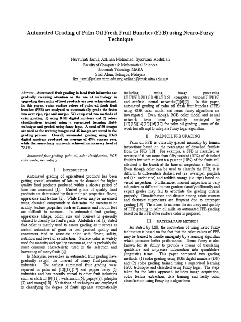 Automated Grading of Palm Oil Fresh Fruit Bunches (FFB) Using NeuroFuzzy PDF Rgb Color