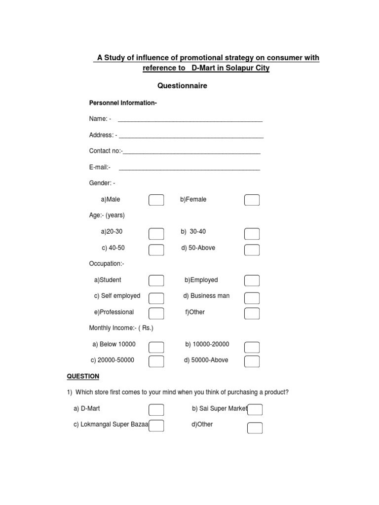 Questionnaire Discounts And Allowances Supermarket