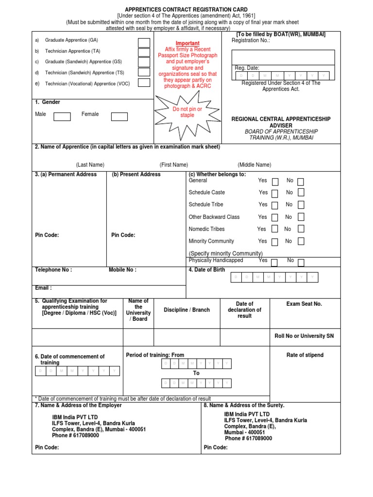 Apprentice Contract Registration Form | PDF | Apprenticeship | Guarantee