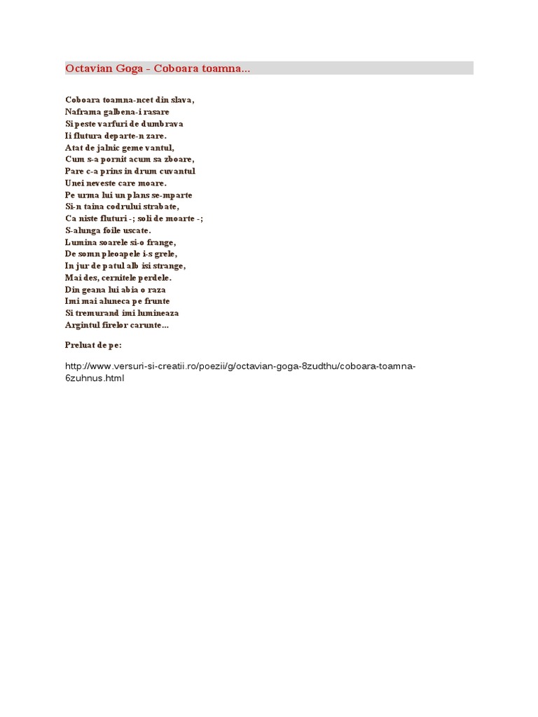 Toamna De Octavian Goga Octavian Goga Coboara Toamna | PDF