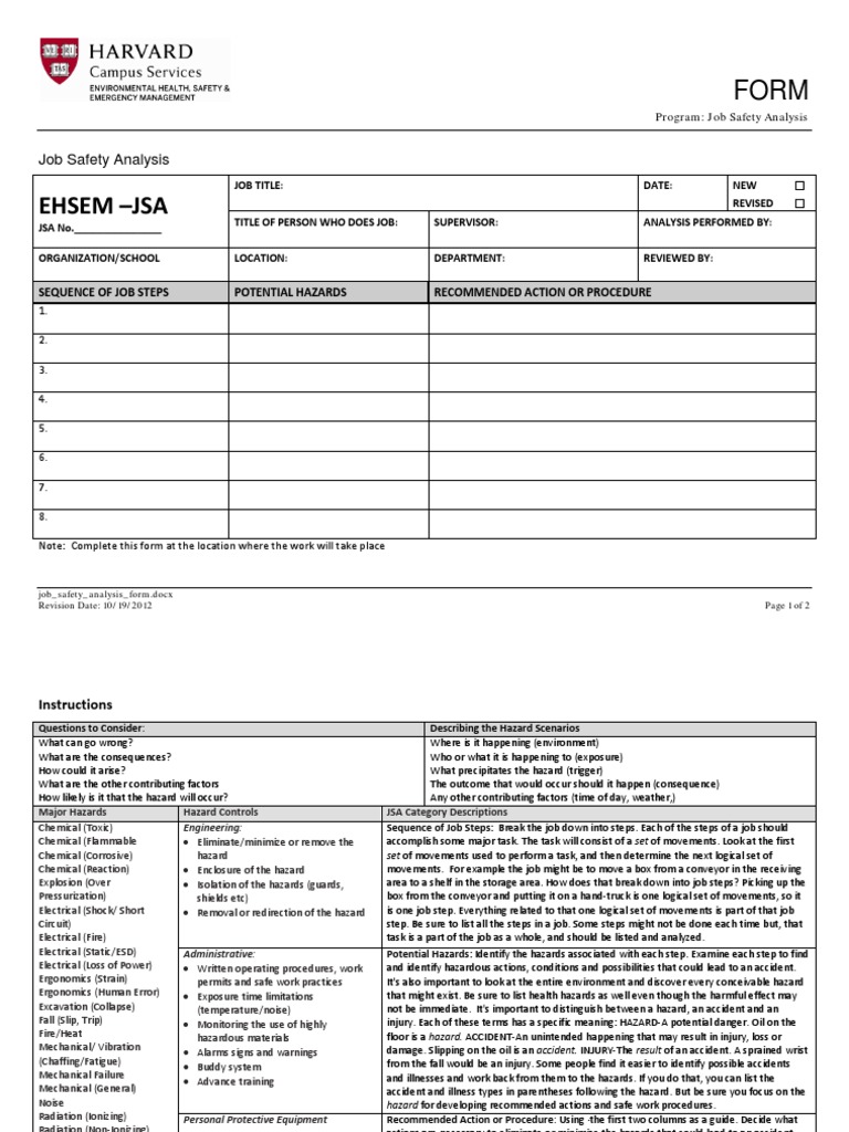Job Safety Analysis Form Template | PDF | Personal Protective Equipment ...