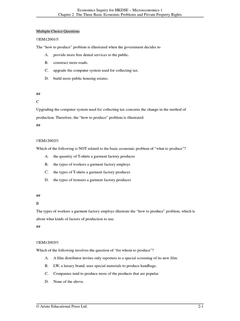 Chapter 2 The Three Basic Economic Problems and Private Property Rights