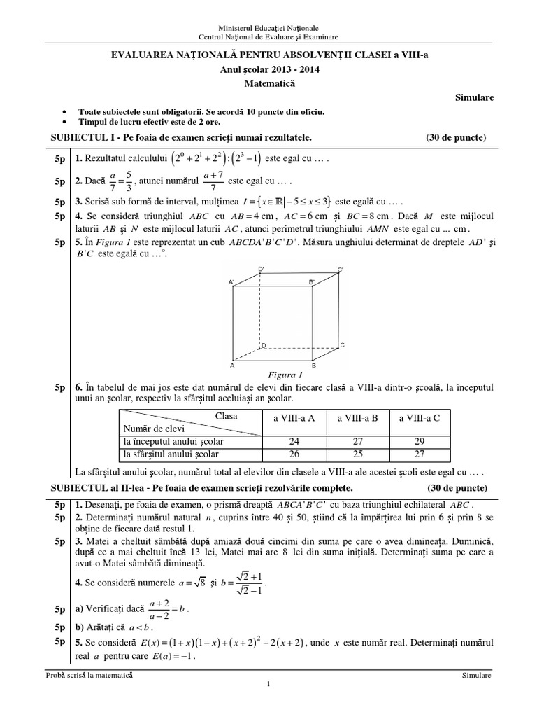 Subiecte Matematica - Simularea Evaluarii Nationale 2014 | PDF