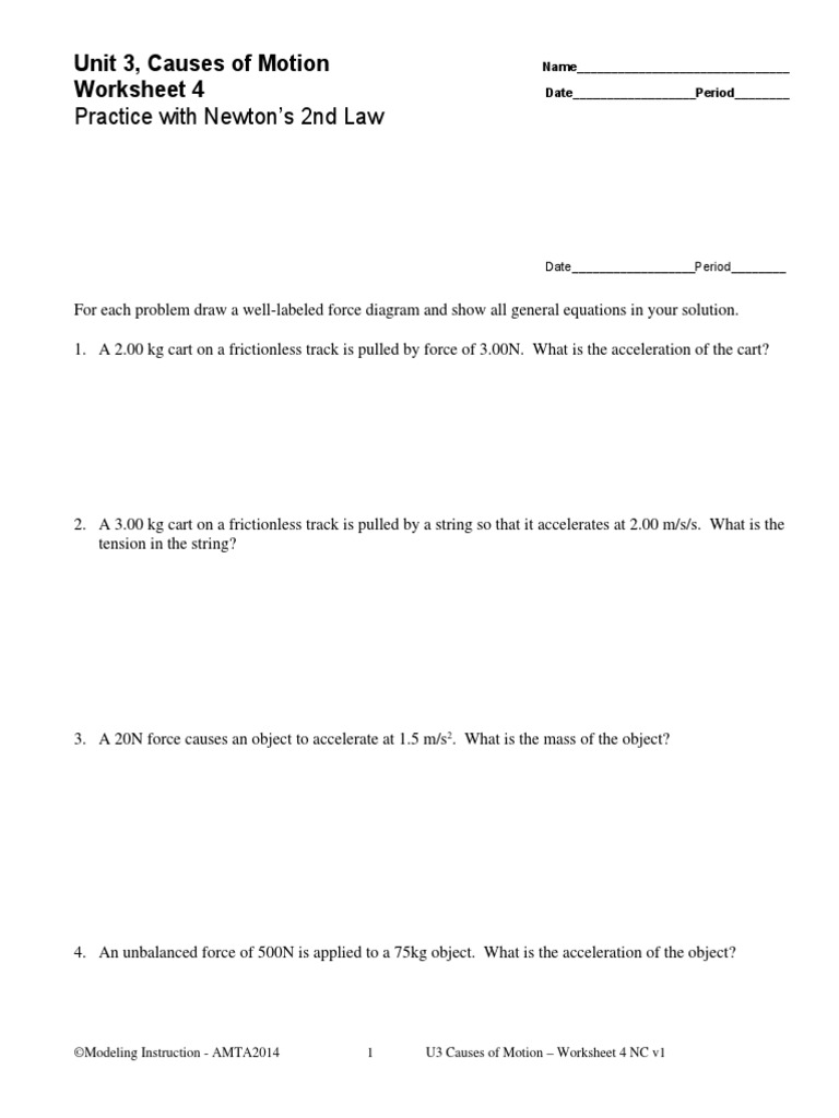 05 U3 Ws 4 Newtons 2nd Law Practice | PDF