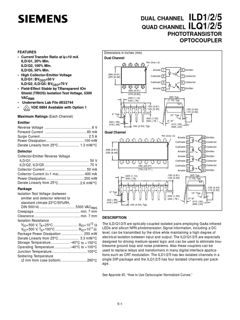 Optocoupler ILD/Q1/2/5 Specifications | PDF