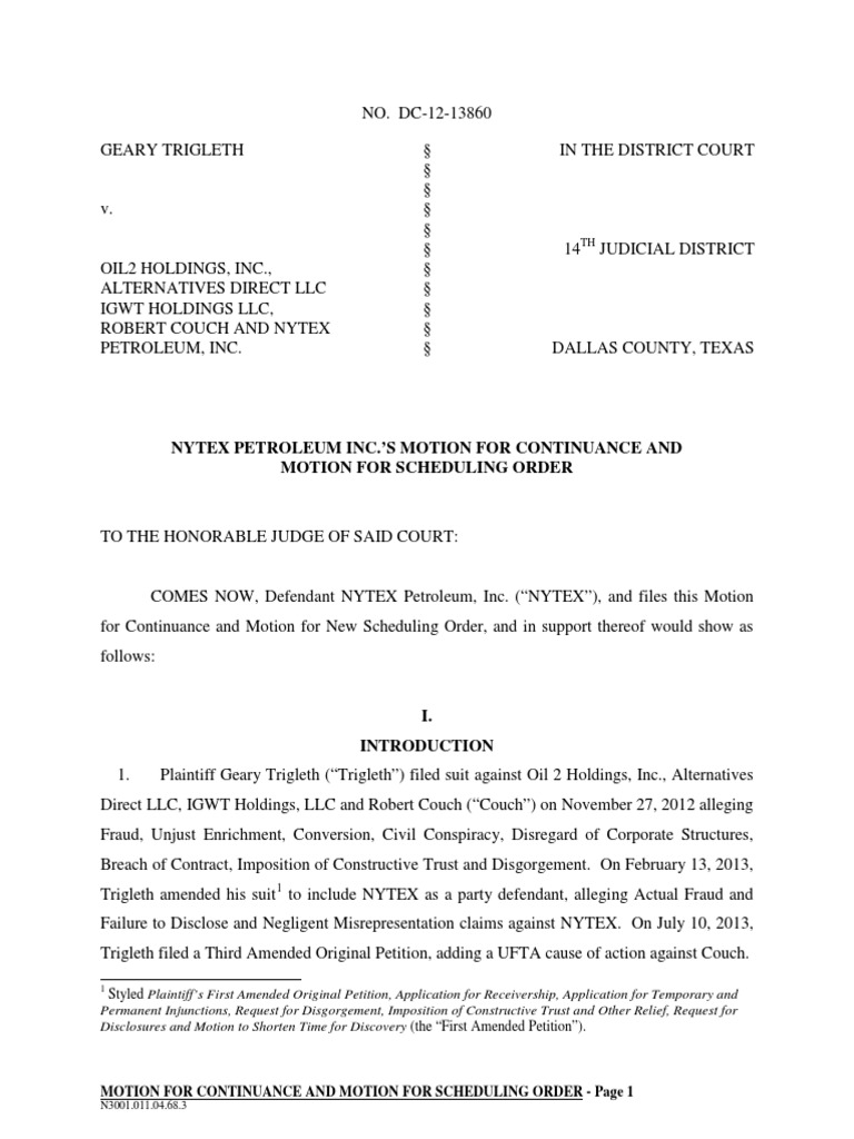 Trigleth v. Nytex Motion For Continuance PDF Deposition (Law