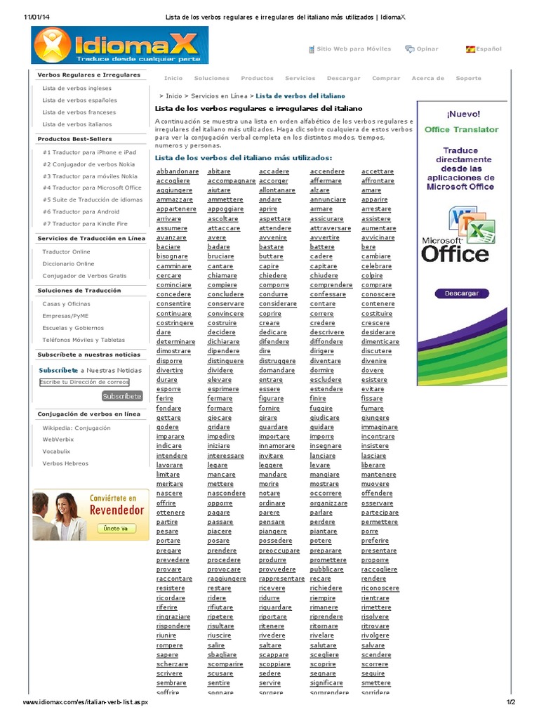 Lista de Los Verbos Regulares e Irregulares Del Italiano Más Utilizados ...