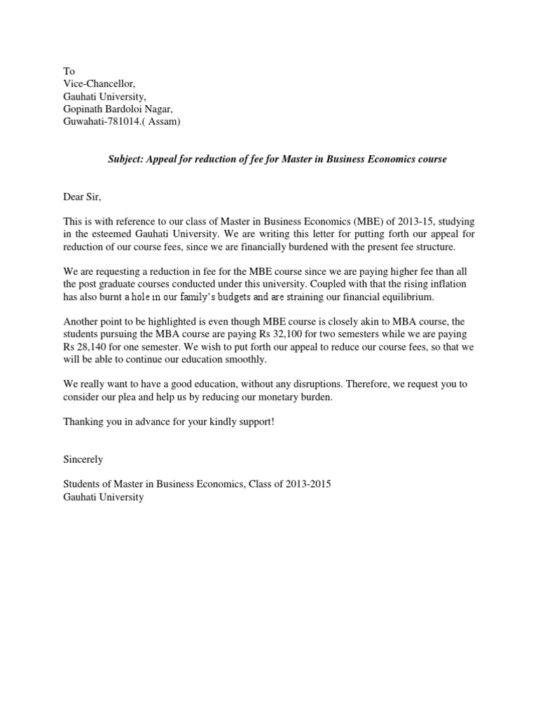 Fee reduction application Format