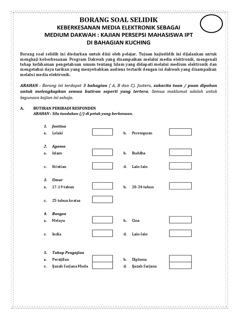 Borang Soal Selidik Kajian Persepsi Pelajar Ipt Terhadap Keberkesanan Program Dakwah Melalui Media Eleltronik Pdf
