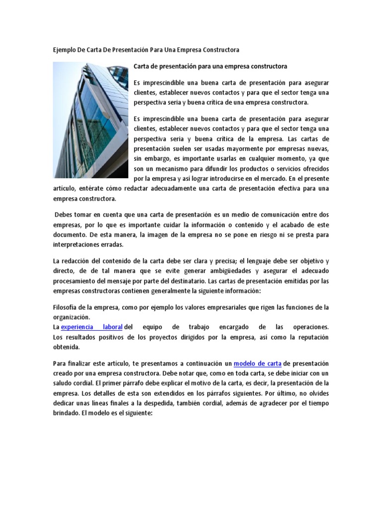 Ejemplo De Carta De Presentación Para Una Empresa Constructora