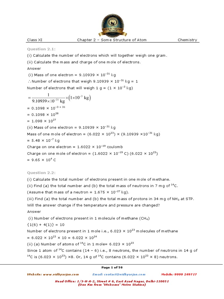 Structure Of Atom Exercise Class 9