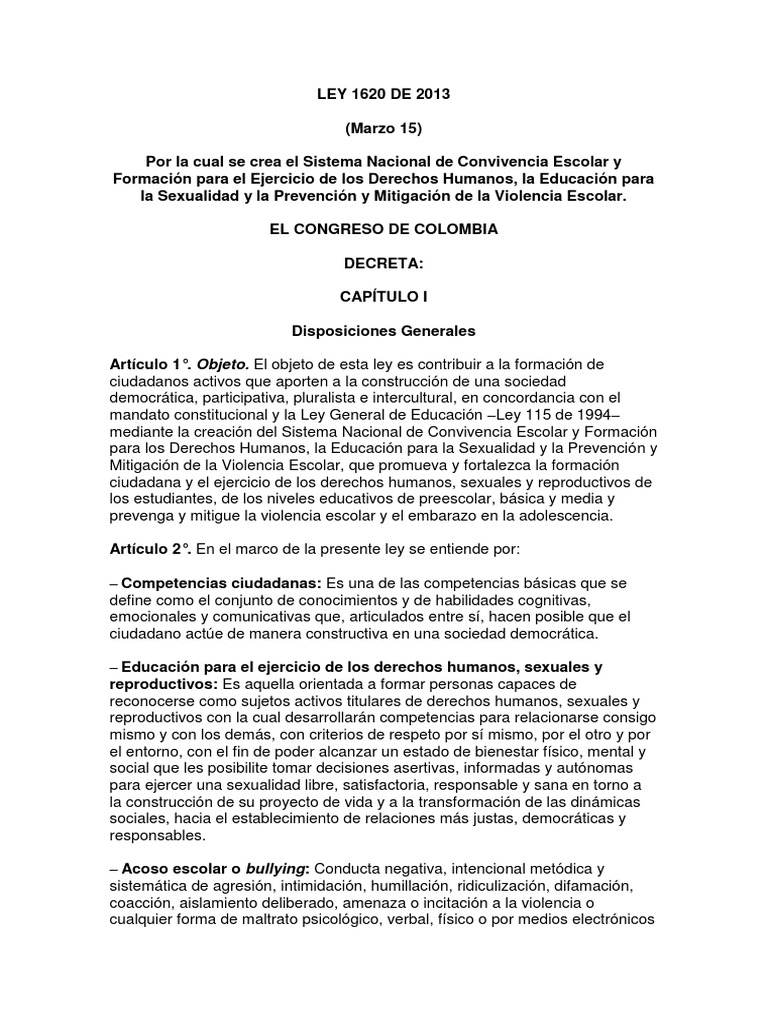 Ley 1620 de 2013: Convivencia Escolar y Derechos | PDF | Ejercicio ...