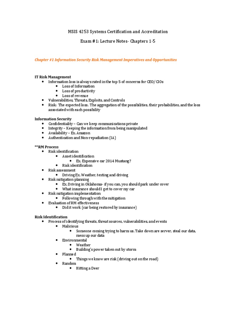 MSIS 4253 Exam 1-Chapters 1-5 Lecture Notes | PDF | Threat (Computer ...
