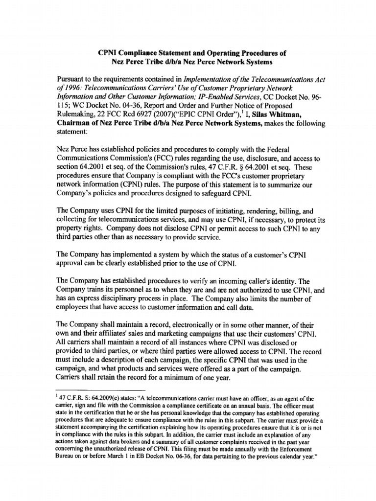 Nez Perce CPNI 2014 Attachment | PDF | Federal Communications ...