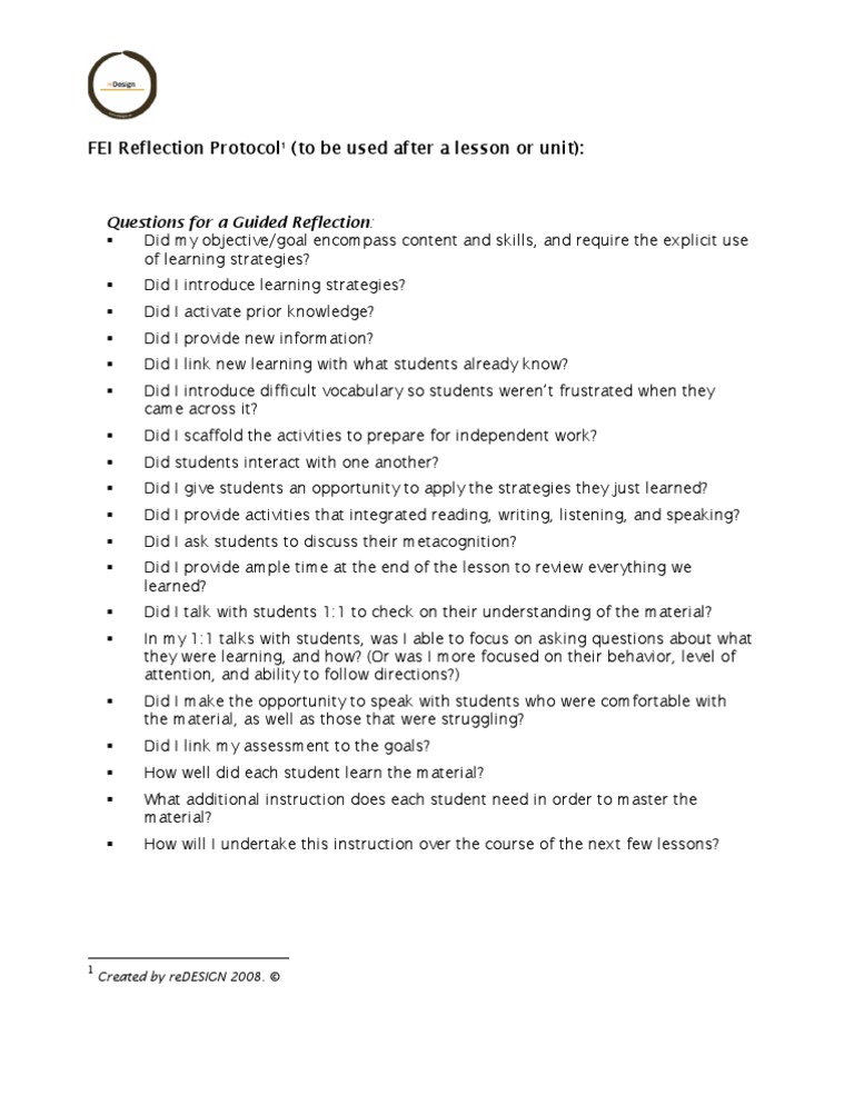 FEI Lesson: Teacher Reflection | PDF | Career & Growth | Wellness