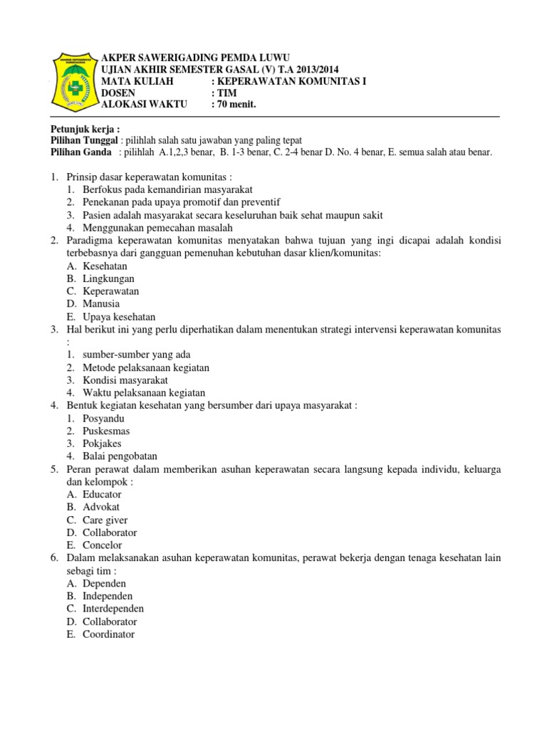 Soal Keperawatan Komunitas I 2014