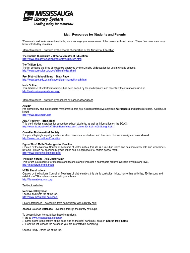 Math Resources Handout | PDF | National Council Of Teachers Of ...