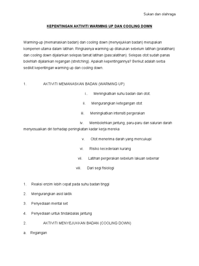 Kepentingan Aktiviti Warming Up Dan Cooling Down Pdf