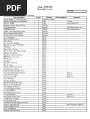 Hotel Monthly Task Checklist