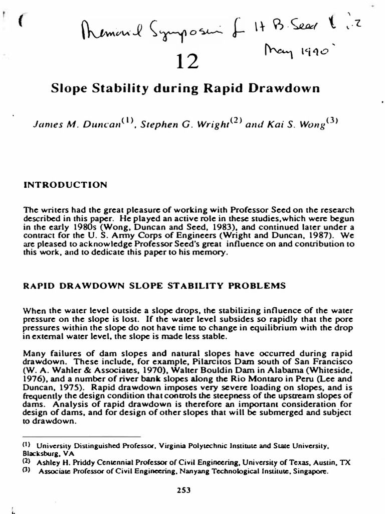 (1991 Duncan & Wright) Slope Stability During Rapid Drawdown | PDF ...