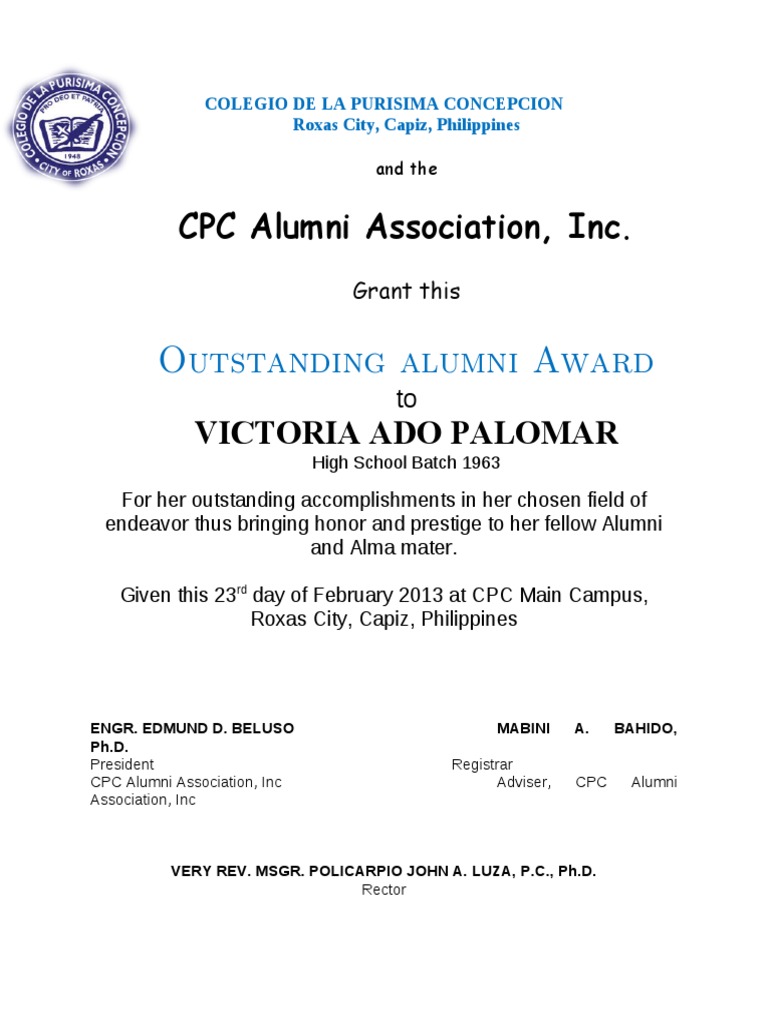 Outstanding alumni Award CPC Alumni Association, Inc