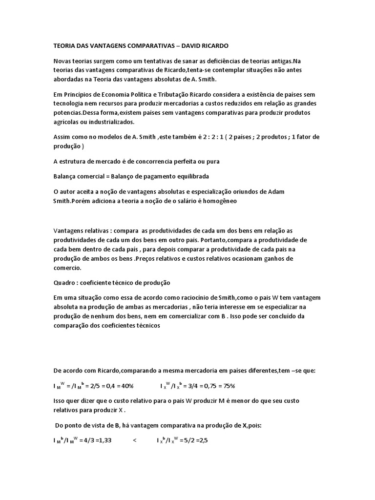 Teoria Das Vantagens Comparativas | PDF | Vantagem comparativa | Economia