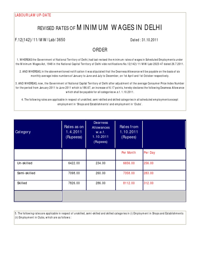 Minimum wages in delhi revised rates of pdf minimum wage