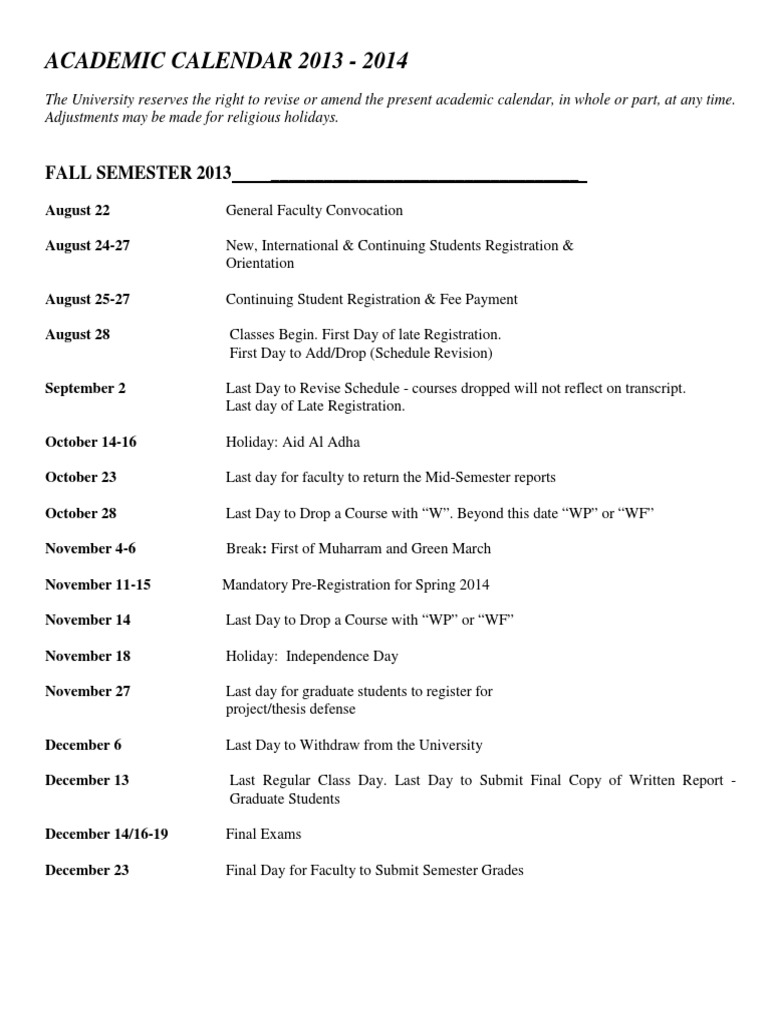 Academic Calendar2013 2014 PDF Academic Term Graduate School