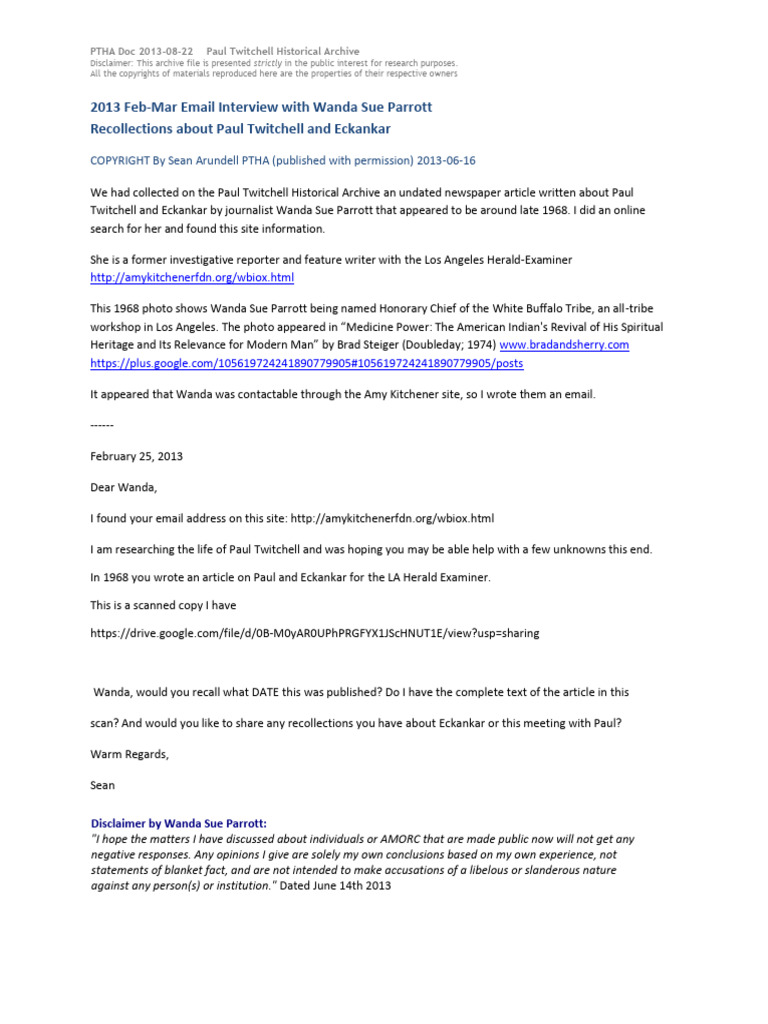 Paul Twitchell & Eckankar in 1969 - An Interview With Wanda Sue Parrott ...