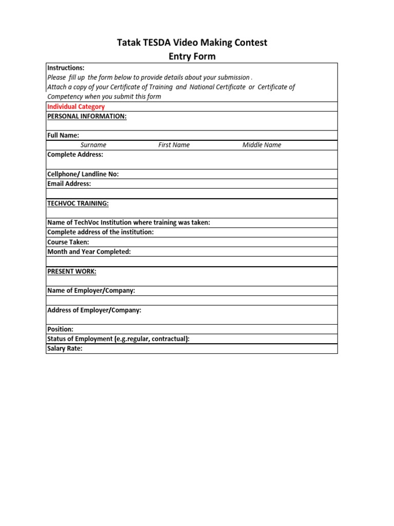TESDA Video Contest Entry Form | PDF