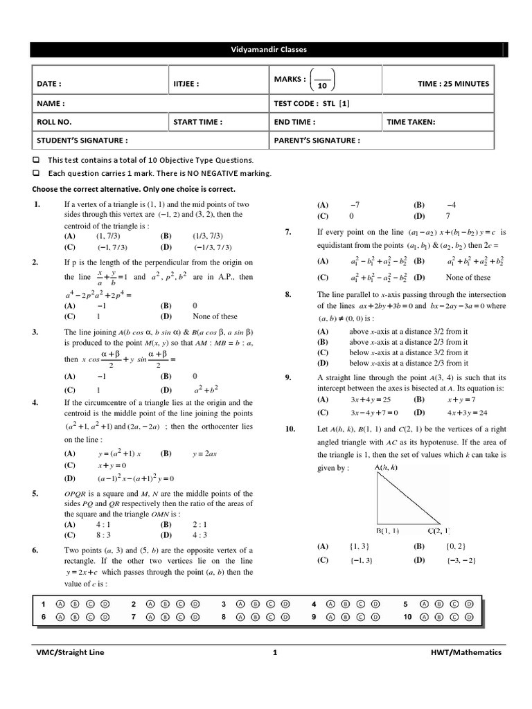 IITJEE Mathematics Objective Test | PDF | Triangle | Line (Geometry)