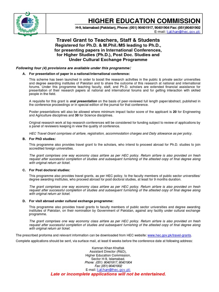 HEC Travel Grant Application Form Doctor Of Philosophy Academic Degree