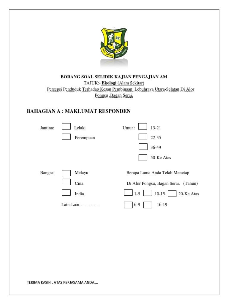 Contoh Borang Soal Selidik Kajian Pengajian Am