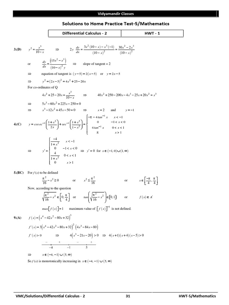 Solutions To Home Practice Test-5/Mathematics: Differential Calculus ...