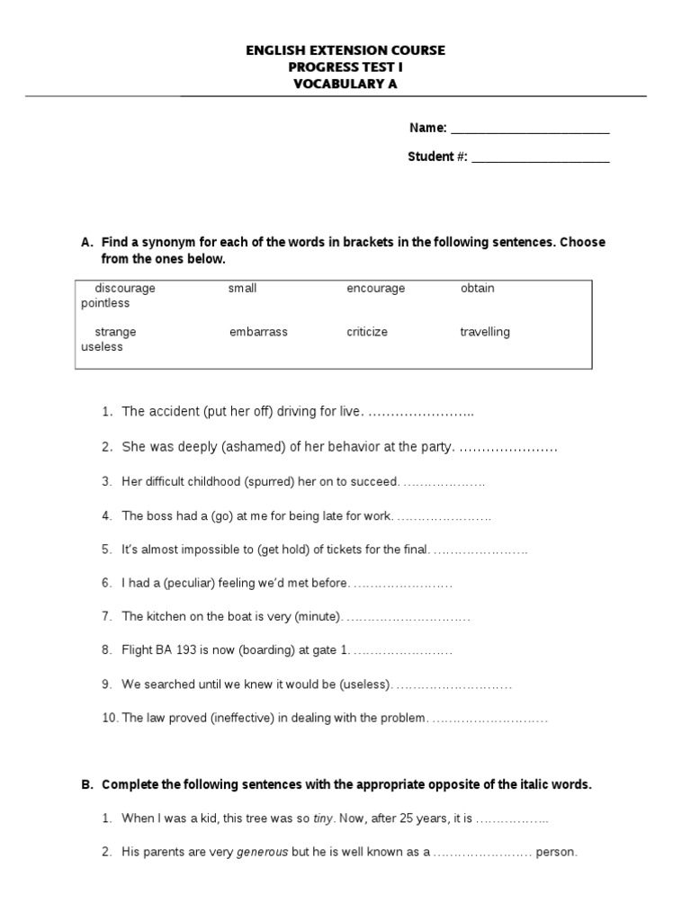 English Extension Course Progress Test I Vocabulary A PDF