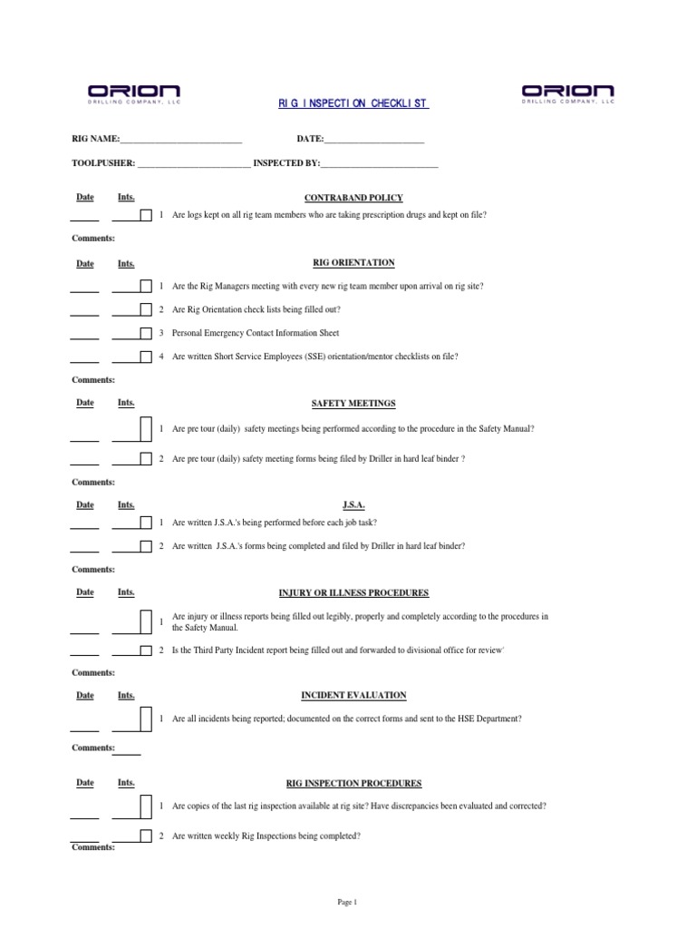 Rig Inspection Checklist PDF Electrical Wiring Personal