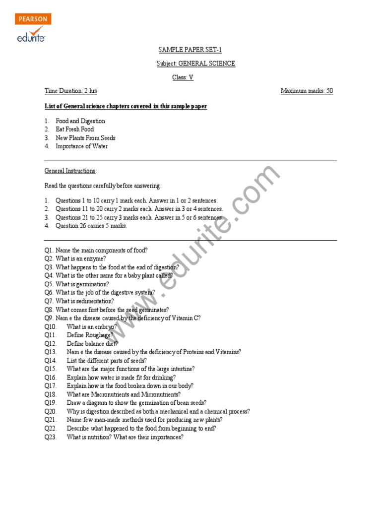 Class 5 Science Term 1 Sample Paper | PDF
